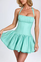 Ruched Halterneck Mini Dress in Sea Green