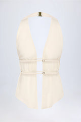 Cut-Out Semi-Sheer Ruched Halterneck Crop Top in Ivory