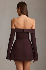 Off-Shoulder Structured A-Line Mini Dress in Chocolate Brown