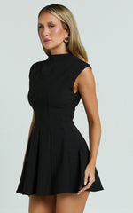 Becky Mini Dress - High Neck Sleeveless Fit And Flare Dress in Black