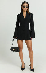 Layton Mini Dress - V Neck Long Sleeve Button Front Tulip Skirt Dress in Black