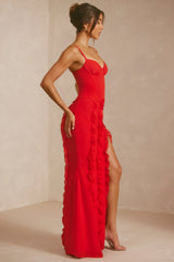 Corset Frill Skirt Maxi Dress in Scarlet Red
