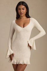 Long-Sleeve Ruffled Lace Mini Dress in Ivory