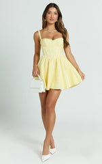 Eden Mini Dress - Jacquard Sweetheart Neck Lace Up Fit And Flare Dress in Yellow