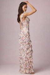 Asymmetric Ruffled Lace-Up Gown in Primrose Floral Print