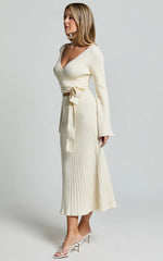 Andreia Midi Dress - Knitted Wrap Long Sleeve Dress in Cream