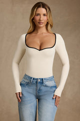 Modal Contrast-Trim Bodysuit in Ivory