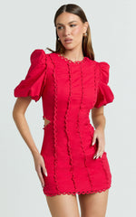 Laila Mini Linen Blend Dress - High Neck Side Cut Out Puff Sleeve Straight Dress in Red