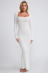 Ribbed Modal Long Sleeve Maxi Dress in White