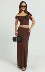 Chaney Top and Skirt Set - Twist Front Off Shoulder Top and Gathered Maxi Skirt Set in Chocolate