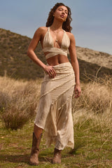 Ruffled Asymmetric Mid-Rise Maxi Skirt in Tan Print