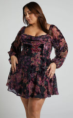Jessell Mini Dress - Long Sleeve Cowl Corset Dress in Burnt Out Floral