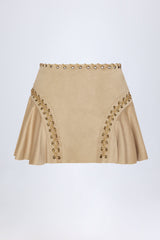 Lace-Up Mid-Rise Mini Skirt in Tan