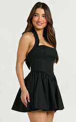Helda Mini Dress - Halter Tie Neck Corset Panel Dress in Black