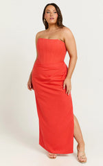 Avery Midi Dress - Strapless Draped Side Split Dress in Orange