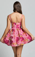 Brailey Mini Dress - Sweetheart Bustier Dress in Pink Jacquard