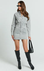 Kamala Mini Dress - Long Sleeve Button Through Denim Dress in Grey