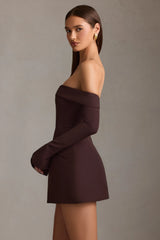 Off-Shoulder Structured A-Line Mini Dress in Chocolate Brown