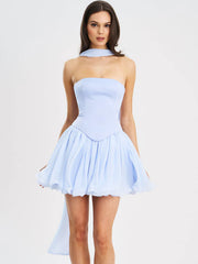 Valentina Baby Blue Boned Curve Edge Peplum Mini Dress