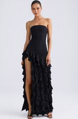 Kateproms Ruffle-Trim Strapless Gown in Black