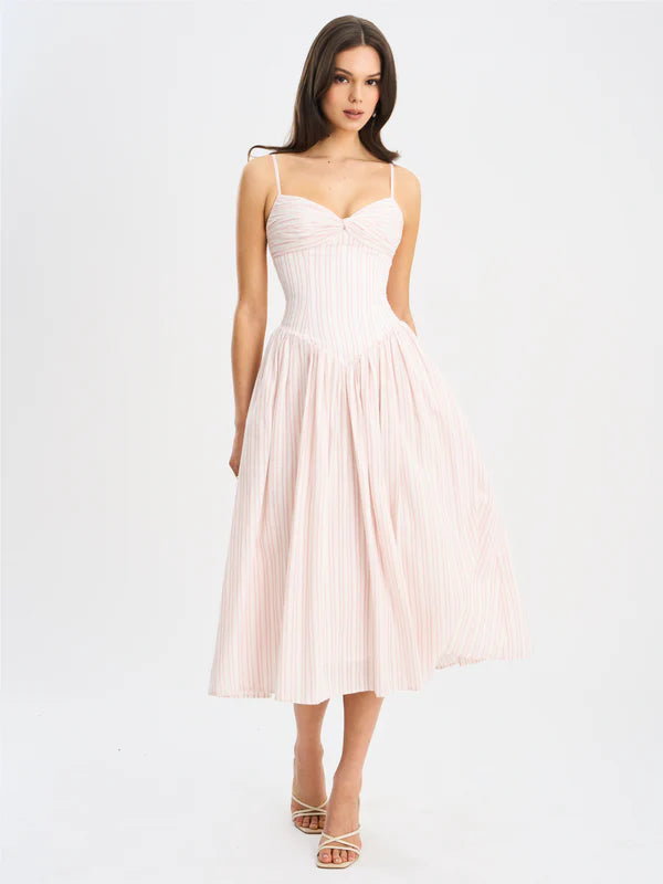 Zania Pink Stripe Ruched Breast Cotton Jacquard Midi Dress